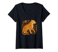 Womens Floral Tiger Abstract Animal Design with Botanical Elements V-Neck T-Shirt
