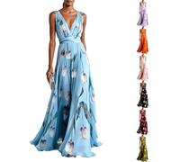 Women's Floral Tulip Print Maxi Dress Elegant V Neck Chiffon Flowy Long Dresses Hidden Zip Cocktail Evening Party Gown (Blue,L)