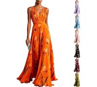 Women's Floral Tulip Print Maxi Dress Elegant V Neck Chiffon Flowy Long Dresses Hidden Zip Cocktail Evening Party Gown (Orange,XXL)