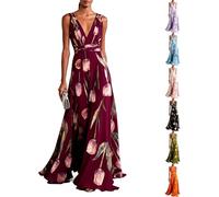 Women's Floral Tulip Print Maxi Dress Elegant V Neck Chiffon Flowy Long Dresses Hidden Zip Cocktail Evening Party Gown (Burgundy,L)