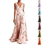 Women's Floral Tulip Print Maxi Dress Elegant V Neck Chiffon Flowy Long Dresses Hidden Zip Cocktail Evening Party Gown (Pink,L)