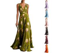 Women's Floral Tulip Print Maxi Dress Elegant V Neck Chiffon Flowy Long Dresses Hidden Zip Cocktail Evening Party Gown (Green,XL)