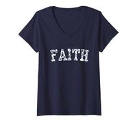 Womens Floral Varsity Tiny Blue French Toile Text Faith V-Neck T-Shirt