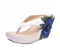 Women's Floral Wedge Flip Flops Platform Thong Sandals 3D Flower Embroidered Summer Holiday Wedges Ladies Casual Beach Walking Shoes Footwear White