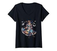 Womens Floral Witch Hugging Corgi Cosplay Skeleton Halloween V-Neck T-Shirt