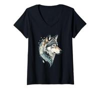 Womens Floral Wolf Portrait Digital Animal Illustration V-Neck T-Shirt