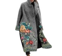 Women's Floral Wool Coat, Ladies Vintage Embroidered Long Winter Coat, Women Floral Print Woolen Overcoat, Casual Loose Fit Flower Pattern Outerwear, Warm Long Sleeve Autumn Coat for Women