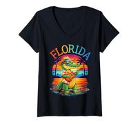 Women's Florida Alligator Palm Tree Sunset Tropical Summer Vacation V-Neck T-Shirt