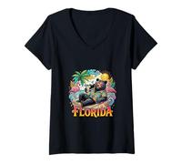 Women's Florida Beach Bear Tropical Vacation Summer Vibes V-Neck T-Shirt