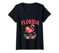 Women's Florida Flamingo Tropical Plant Summer Vacation Beach Sunset V-Neck T-Shirt