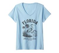 Women's Florida Heron Shirt Vintage Sunset Scene The Sunshine State V-Neck T-Shirt