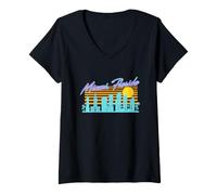 Women's Florida Miami City Skyline Vintage Nostalgia Retro Sunset V-Neck T-Shirt