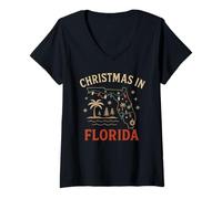 Womens Florida Outline Shirt Christmas Map Lights Holiday Beach V-Neck T-Shirt