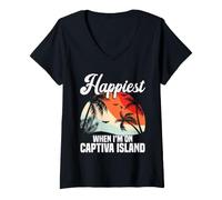 Women's Florida Vacation Palm Tree Travel Happiest Captiva Island V-Neck T-Shirt