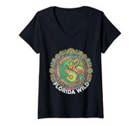 Women's Florida Wild Gator Flamingo Dot Art Mandala V-Neck T-Shirt