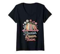 Women's Flourish Dream Thrive Book Floral Uplifting Kindness Thrive V-Neck T-Shirt