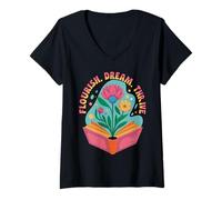 Women's Flourish Dream Thrive Book Floral Uplifting Kindness Thrive V-Neck T-Shirt