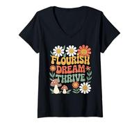Women's Flourish Dream Thrive Flower Uplifting Kindness Thrive V-Neck T-Shirt