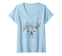 Womens Flower Bouquet English British Bulldog V-Neck T-Shirt