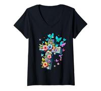 Womens Flower Butterflies Spiritual Cross Women Crosses Crucifix V-Neck T-Shirt