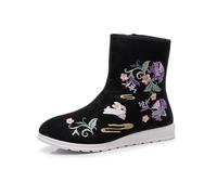 Women's Flower Embroidered Ankle Boots Traditional Chinese Style Hanfu Boots Zipper Closure Casual Comfort Flats Shoes Stage Performance Oriental Boots(Black-02,5.5 UK)
