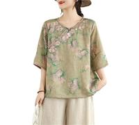Women's Flower Embroidered Chinese Style Top Round Neck 3/4 Sleeves Flowy Shirt Floral Print Traditional Hanfu Blouse(Green,XXL)