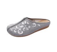 Women's Flower Embroidered Linen Slippers Round Toe Exquisite Backless Flat Mules Chinese Style Elegant Cheongsam Shoes Lightweight Comfort Closed Toe Slippers(Grey,6.5 UK)
