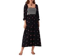 Women's Flower Embroidered Maxi Dress Long Puff Sleeve Square Neck Smocked Tiered Bohemian Flowy Dress Beach Long Dress (A-Black, L)