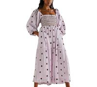 Women's Flower Embroidered Maxi Dress Long Puff Sleeve Square Neck Smocked Tiered Bohemian Flowy Dress Beach Long Dress Sundress (A-Purple, L)