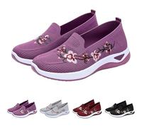 Women's Flower Embroidered Slip On Knitting Flat Loafers Lightweight Non Slip Wide Fit Walking Sneaker Breathable Elastic Mesh Cloth Shoes (Purple,3)