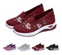 Women's Flower Embroidered Slip On Knitting Flat Loafers Lightweight Non Slip Wide Fit Walking Sneaker Breathable Elastic Mesh Cloth Shoes (red,5)