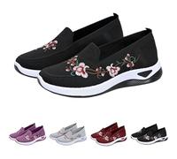 Women's Flower Embroidered Slip On Knitting Flat Loafers Lightweight Non Slip Wide Fit Walking Sneaker Breathable Elastic Mesh Cloth Shoes (5,Black)