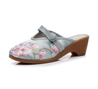 Women's Flower Embroidered Wedge Mules Chinese Style Elegant Cheongsam Shoes Lightweight Comfort Closed Toe Slippers Summer Daily Party Pumps(Green,4.5 UK)