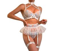 Women's Flower Embroidery Mesh Stitching Suspenders Halter Neck Sexy Underwear Sexy Four Piece Set Costume Lingerie for Women plus