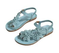 Women's Flower Flat Sandals Comfortable Summer Beach Walking Shoes Open Toe Elastic Ankle Strap Dressy Bohemian Sliders 2026 Fashion Low Toe Tropical Shower Slides UK Light Blue