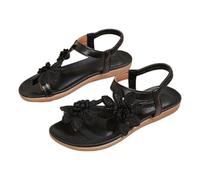 Women's Flower Flat Sandals Comfortable Summer Beach Walking Shoes Open Toe Elastic Ankle Strap Dressy Bohemian Sliders 2026 Fashion Low Toe Tropical Shower Slides UK Black