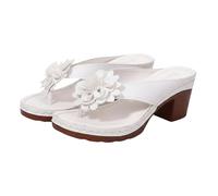 Womens Flower Flip Flops Block Heel Thong Sandals Leather Mid Heeled Slip On Slippers Clip Toe Fashion Dressy Party Sliders Ladies Evening Summer Travel Lightweight Shoes (White, 6)