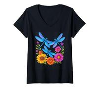 Womens Flower Garden Insect Wildlife Sunflower Blossom Dragonfly V-Neck T-Shirt