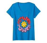 Women's Flower Power V-Neck T-Shirt, Sapphire Blue, Large