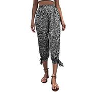Womens Flower Prinnted Capri Pants Elastic Waist Summer Cropped Trousers with Pockets 7-1 Black