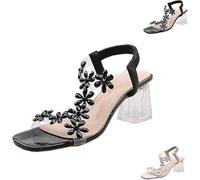 Women's Flower Rhinestone Block Heel Sandals, Clear Floral Crystal Block Heel Sandals Party Wedding Open Toe Dress Shoes (Black,8)