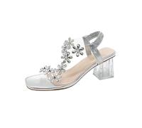 Women's Flower Rhinestone Block Heel Sandals, Fashion Square Open Toe High Heels, Clear Crystal Chunky Heel Dress Shoes (Silver, Adult, Women, 6, Numeric, UK Footwear Size System, Medium)