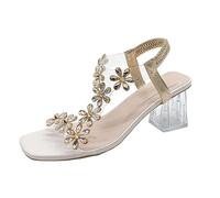 Women's Flower Rhinestone Block Heel Sandals, Womens Flower Rhinestone Block Heel Sandals, Toe High Heels Crystal Floral Elegant (Beige, Adult, Women, 6.5, Numeric, UK Footwear Size System, Medium)