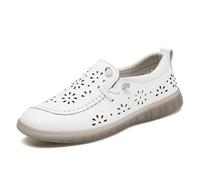 Women's Flower Shaped Cutout Leather Sneakers Arch Support Thick Sole Wedge Soft Elastic Comfortable Slip-On Loafers Casual Walking Shoes (White,5)