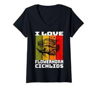 Womens Flowerhorn Retro I Love Flowerhorn Cichlids V-Neck T-Shirt