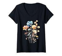 Women's Flowers Abstract Watercolor Graphic V-Neck T-Shirt