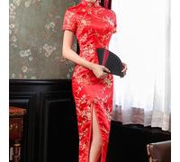 Women's Flowing Cheongsam Long Dress with Tailored Slim Fit and Traditional Standing Collar for Cultural Wear (M Red)