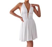 Women's Flowing Dress, Halter Neck Sleeveless Bodycon Backless Cocktail Dresses, Sexy White Tie up Back Deep V A-line Bodycon, Swing Flared Casual Mini Dress for Party Rave Club Performance