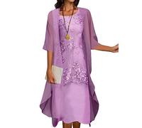 Womens Flowy Floral Dresses with Jacket 2 Piece Set 3/4 Sleeve Sheer Chiffon Summer Cocktail Wedding Guest Dress (Purple,Medium)