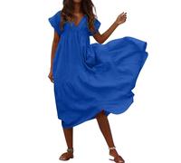 Women's Flowy Summer Maxi Dress 2025 | Cotton and Linen Short Sleeve V-Neck Sun Dress | Beach Holiday & Casual Wear | Lightweight Comfortable Sundress Petite to Curvy BU2,5XL